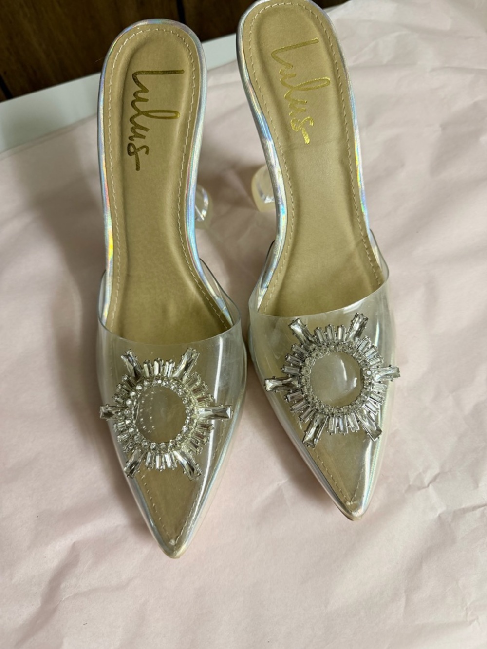 Lulu's Iridescent Clear Pointed Mule with Silver Crystal Sunburst